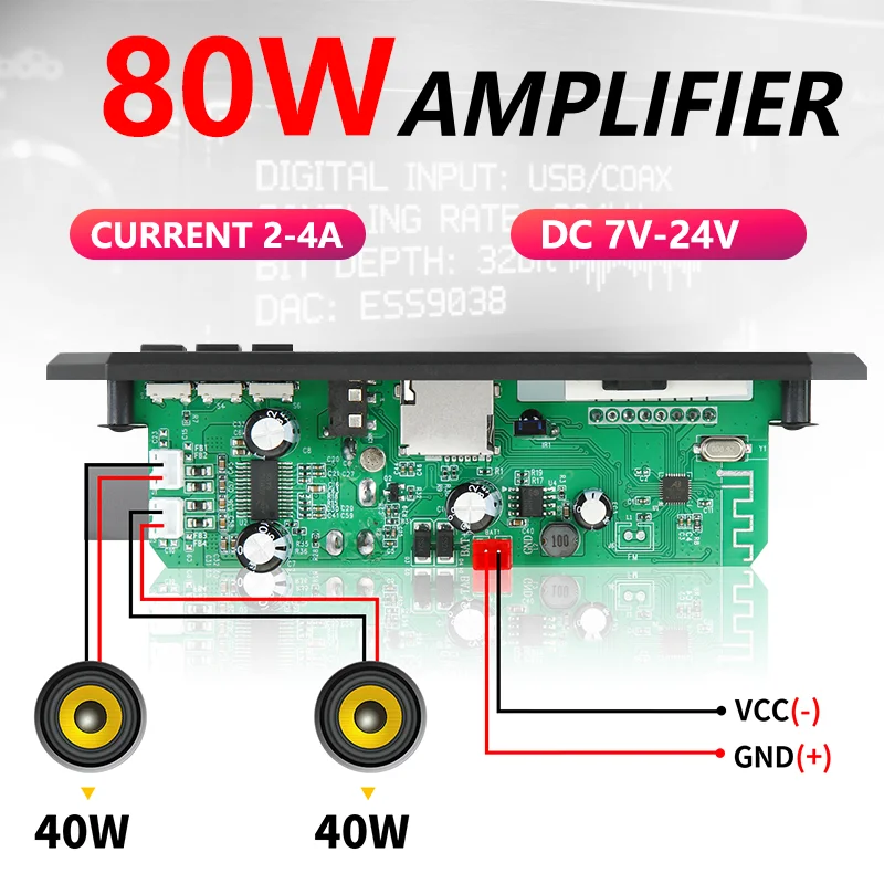 ARuiMei 80W Bluetooth Amplifier Board, 2×40W Stereo Audio Amp with Mic, USB/TF/FM/AUX, Karaoke EQ & Remote, DC7-24V for Car Home
