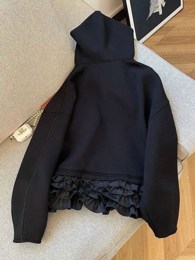 plus Size Hoodie Zipper Female Model 300 Pounds Spring Autumn New Style Mushroom Ruffle  Trendy Women's Sweatshirt