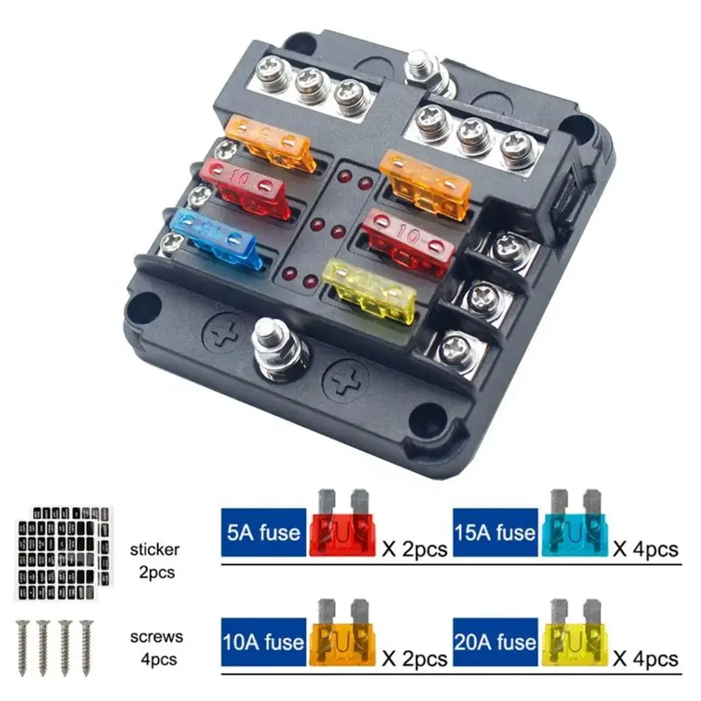 Car Boat Fuse Box Holder With 6 Ways Fuse Holder Block Warning Indicator 12V 36V Power Distribution Panel Board