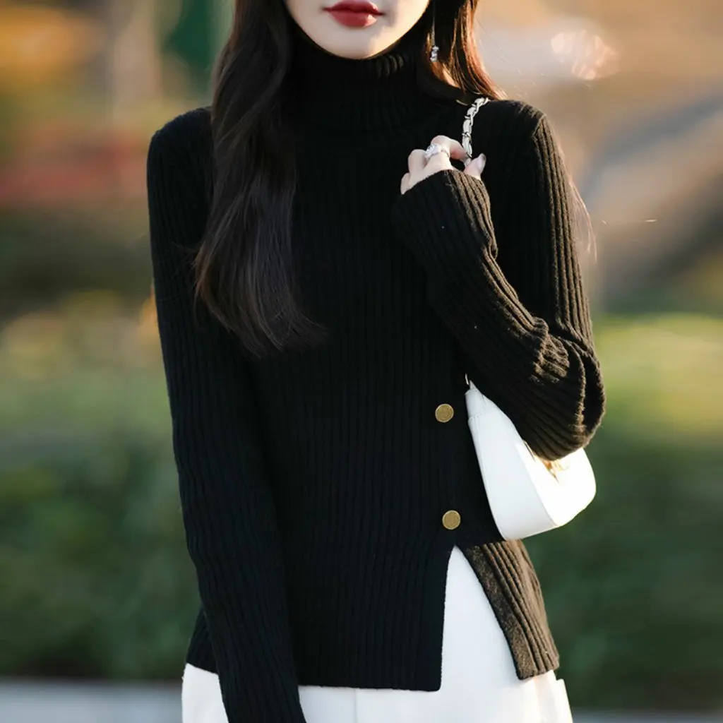 여성용 하이 칼라 니트 풀오버 후드 스웨터 긴 소매 단색 기본 셔츠 가을 겨울용