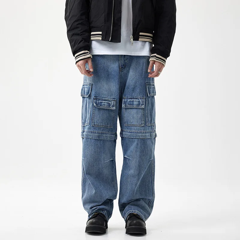 High Street Retro Workwear Style Multi-Pocket Wide Leg Removable Loose Straight Functional Design Trend cargo pants men