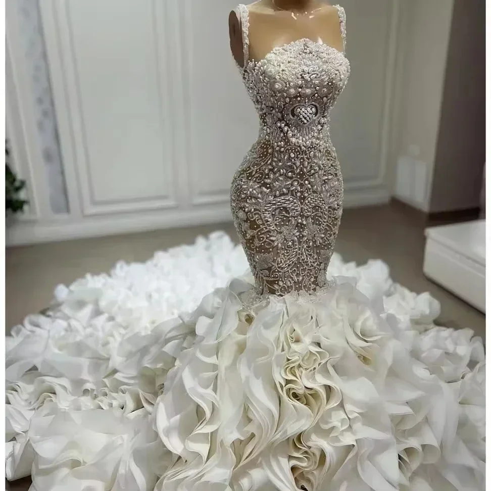Customized Mermaid Bridal Gown Luxury Pearls Crystal Beaded Lace Appliques Tiered Ruffle Train Wedding Dress