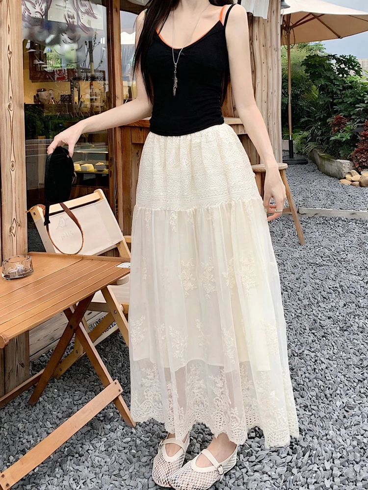 

Summer 2026 High Waist A-Line Midi Skirt Women's Fashionable Floral Embroidery Splicing Mesh Half-length Skirts Casual Style