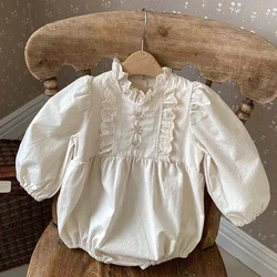 2024 New Arrivel Spring Baby Embroidery Romper Girls Long Sleeve Jumpuit Clothing Girl Beige Petal Collar Bodysuit Clothes 0-2Y