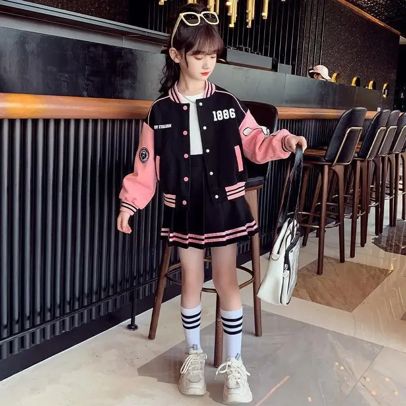 

Spring and Autumn Active Kids Girl Clothes Baseball Jersey Sports Suit Kids Printed Letter Jacket Skirt Two Piece Set 4-15 Years