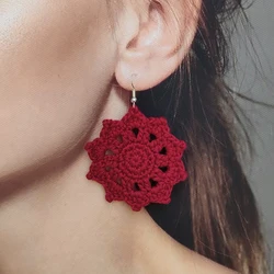 Crochet Chinese Style Red Round Flower Earrings For Women National Style Jewelry Gift 2024 Handmade 100%