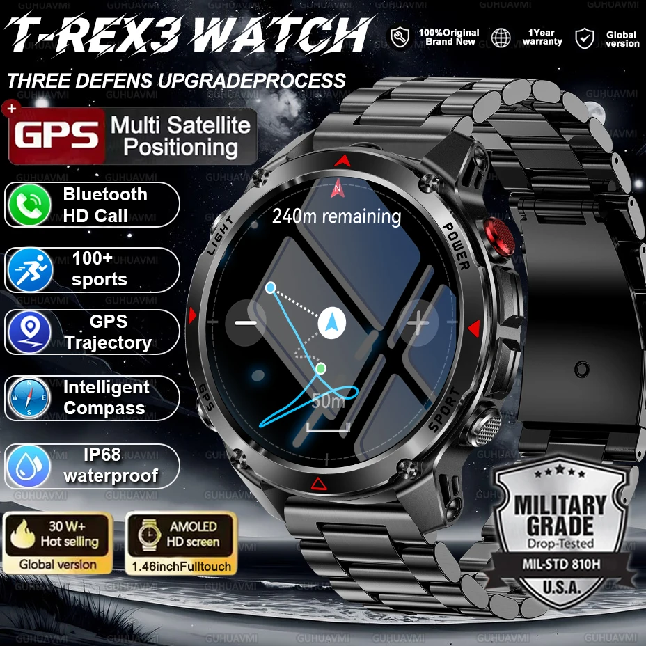 

Новинка 2023 года, военные умные часы T-REX3, встроенный GPS-компас, высотомер, барометрический, 3 атм, водонепроницаемые, AMOLED BT Call, спортивные часы для мужчин