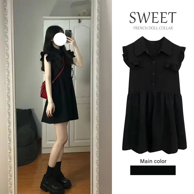 

Women's Short Flying Sleeve Bodycon Polo Dress Vintage Clothing Japan Style Black Evening Mini Dresses Elegant Summer New 2023