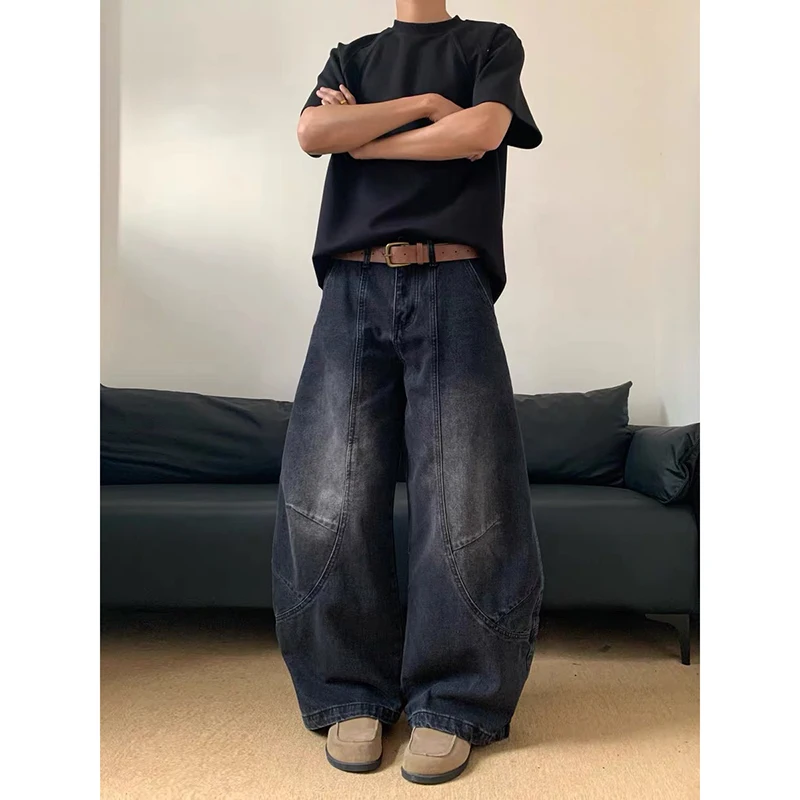 جينز عتيق للشارع 2000s جديد Y2K Harajuku أزرق مغسول ملابس الشارع الشهير جينز فضفاض من قماش الدنيم سروال رجالي عالي الخصر واسع للخريف