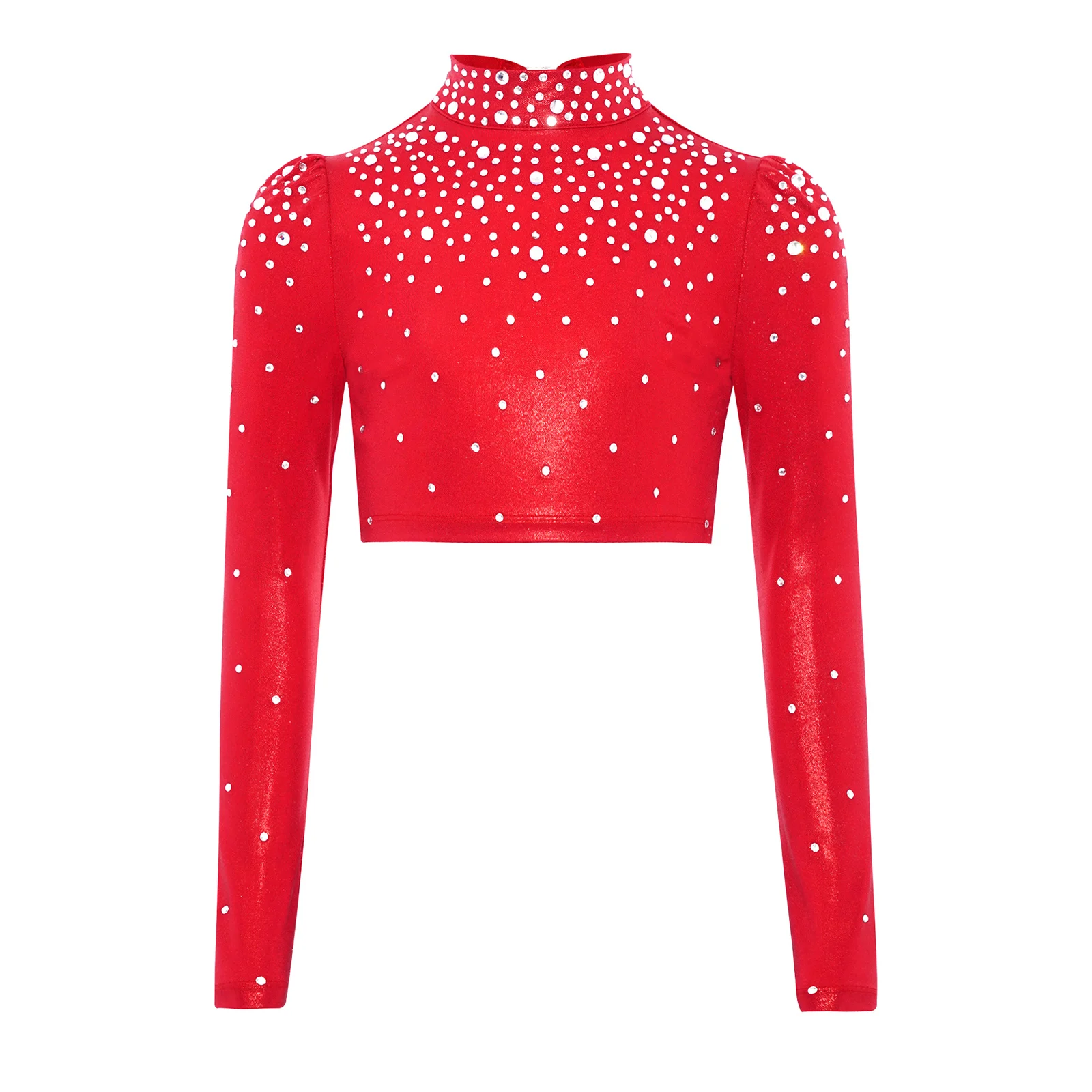 

Kids Girls Jazz Dance Top Stage Performance Costume Mock Neck Long Sleeve Keyhole Back Sparkling Rhinestones Metallic Crop Top