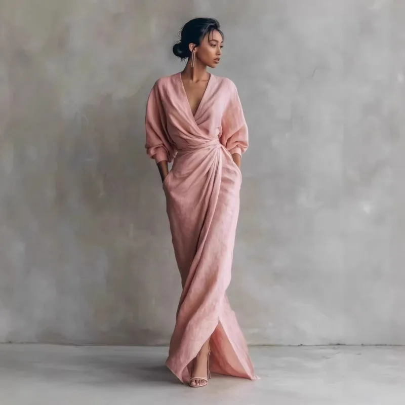 

Bohemian Vacation Dress 2026 Spring Summer Solid V Neck Long Sleeve High Waist Split Long Dresse with Pocket Maxi Dress Party