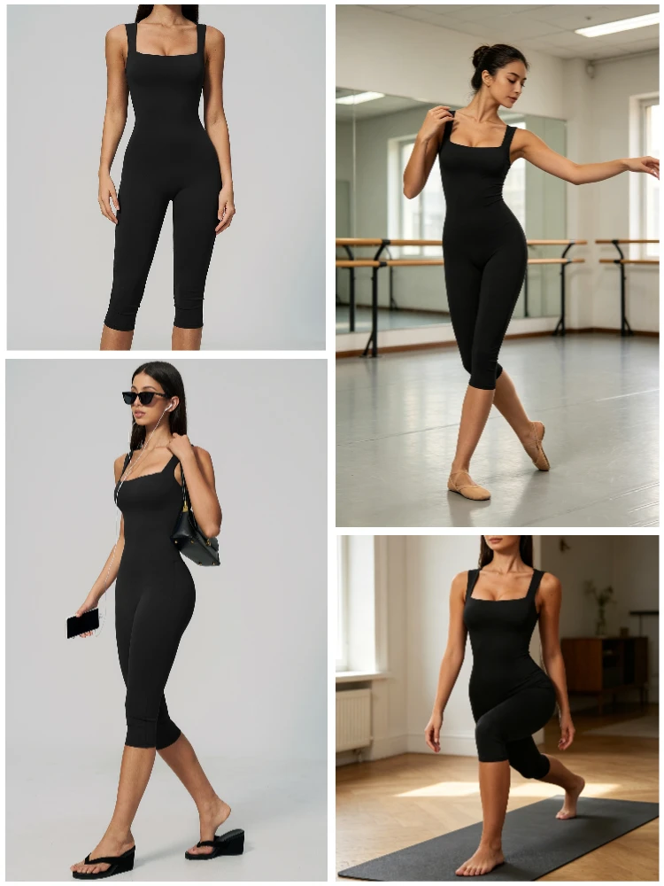 VITALINOVO Damen Ärmelloser Yoga-Romper mit eckigem Ausschnitt, einteiliger nahtloser gepolsterter Tank-Top-Jumpsuit, Capri-Leggings, Workout-Romper – Detail 13