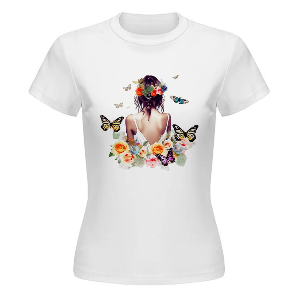 تي شيرت نسائي صيفي موديل 2025 مطبوع برقبة دائرية باللون الأبيض - قميص كاجوال أنيق قابل للتنفس