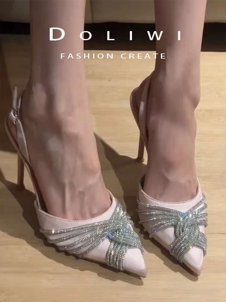 

Summer New Pink Satin Pointed Toe High Heels Sandals with Bule Strap And Water Diamond for Women Ele Faionable oes