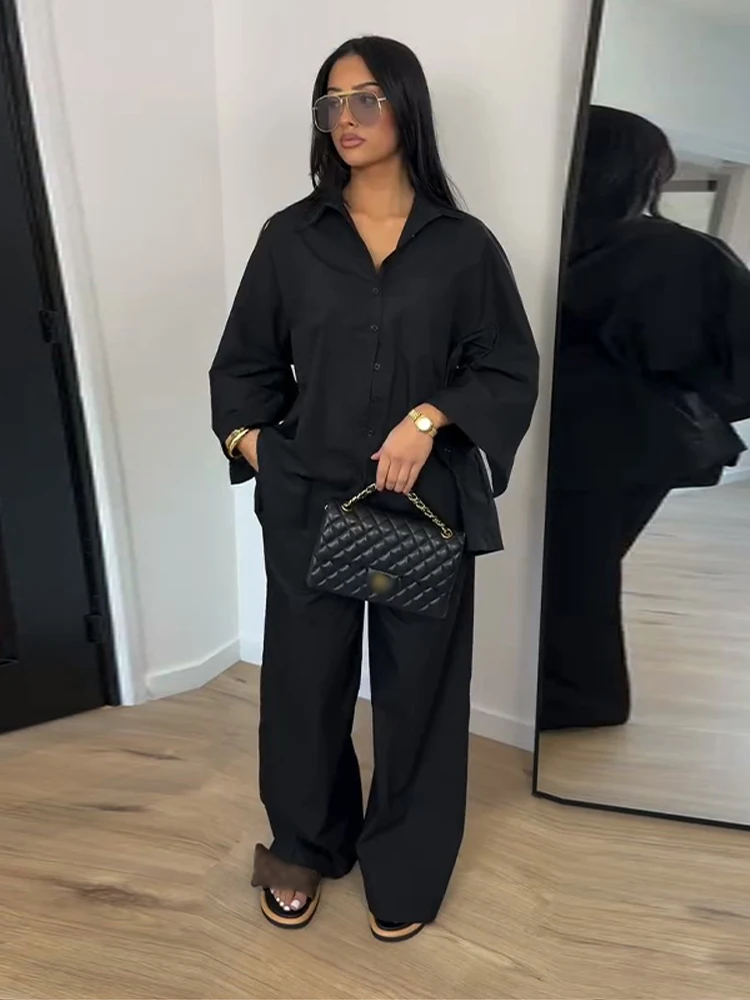 Elegante Damen-Hosenanzüge mit Revers: Oversized Hemd, Langarm-Bluse mit Knopfleiste, Weite Hose, Schickes Einfarbiges Outfit – Detail 17