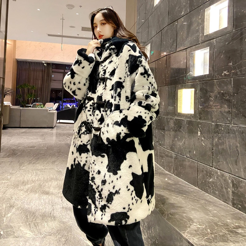 Cow Print Fur Coat Women Winter Parka Jacket Faux Rabbit Fur Hooded Long Coat Thick Warm Couple Clothes Lady Mink Coat