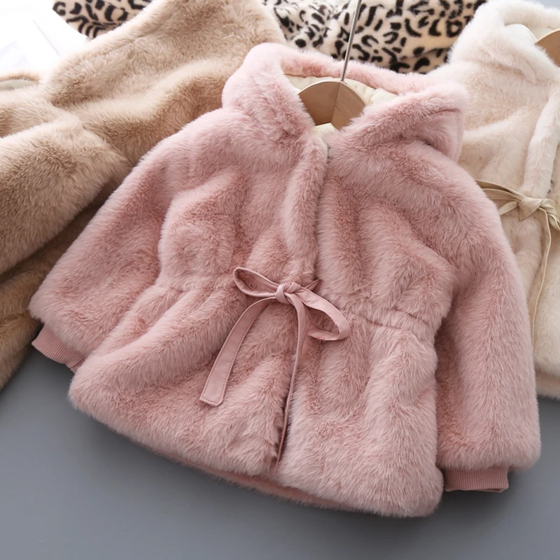 Winter Girls Coat Super Warm Mink Fur Padded Thickened Long Sleeve Hooded Coats Baby Kids Children Jacket Plush Outerwear