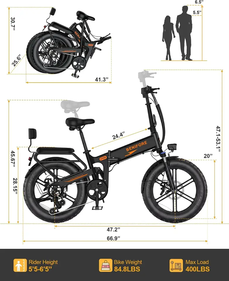 Folding Electric Bike for Adults, 2 Seater Ebike Designed | 48V20Ah Battery 35MPH 65 Miles, 20*4 Inch Fat Off Road Tire Folding Ebikes with NFC Unlock & UL Certificated image 8