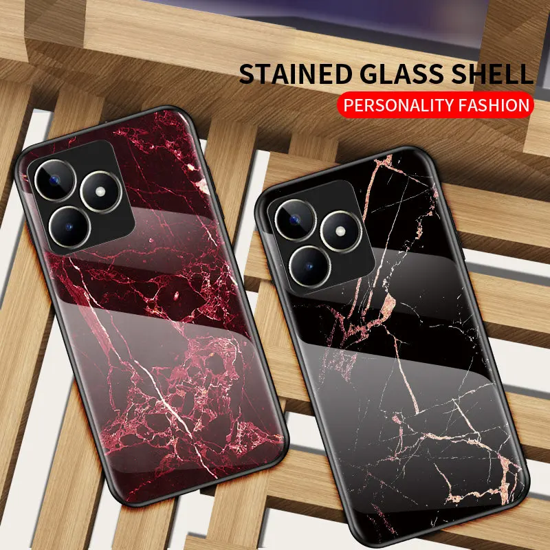 Realme C53 RealmeC53 RMX3760 Case Marble Grain Tempered Glass Hard Back Cover Silicone TPU Bumper Case for Realme C53 RealmeC53