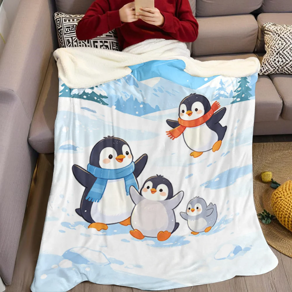 Cute Penguin Winter Flannel Blanket Warm Soft Halloween Christmas All-Season Couch Decorative Cozy Warm Gift