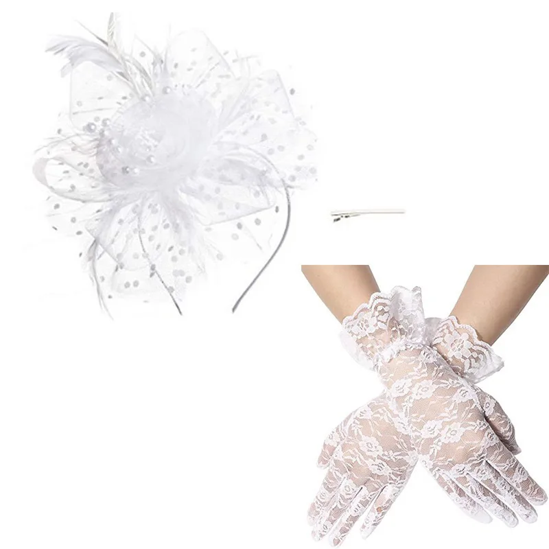 Bowknot Flower Top Hat Tea Party Hat Feathers Mesh Headband and Gloves