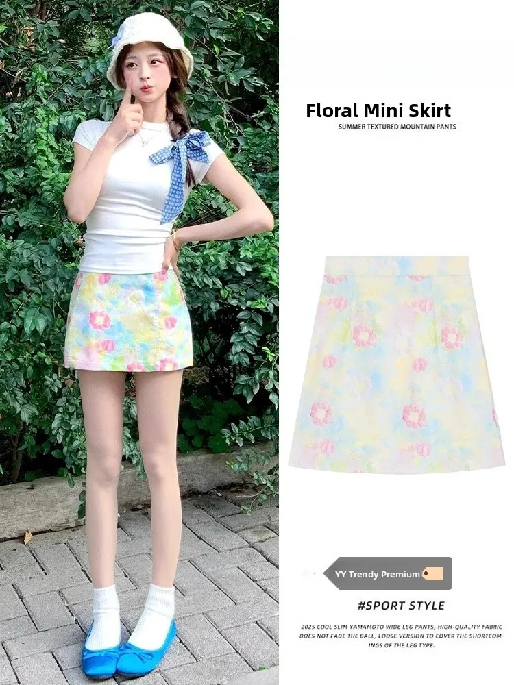 

Зеленая юбка А-силуэта с цветочным принтом, завышенной талией, облегающая, женская, весна 2026, новый стиль, для города, короткая