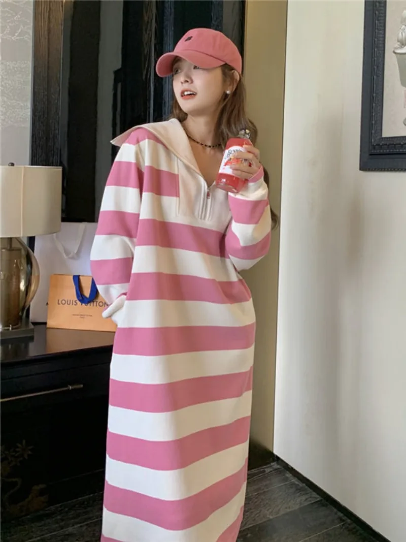 Women Striped Dresses Autumn Winter Loose Large Size Long Dresses Korean Fashion Versatile Robe Elegant Women Zipper Dresses