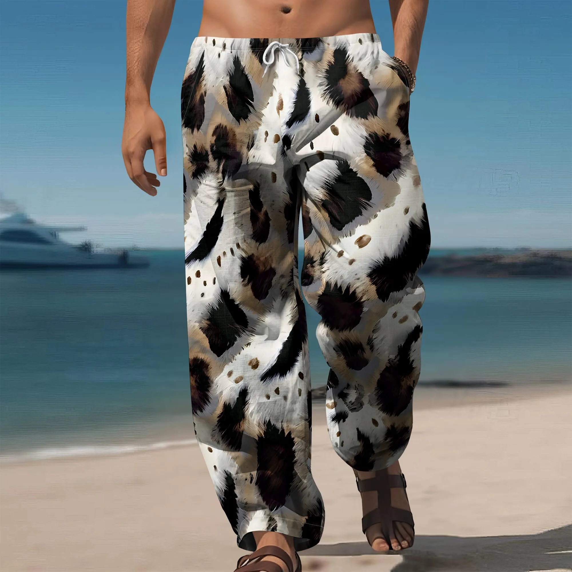 

YEAE Leopard Print Pants for Men Summer Casual Loose Drawstring Trousers