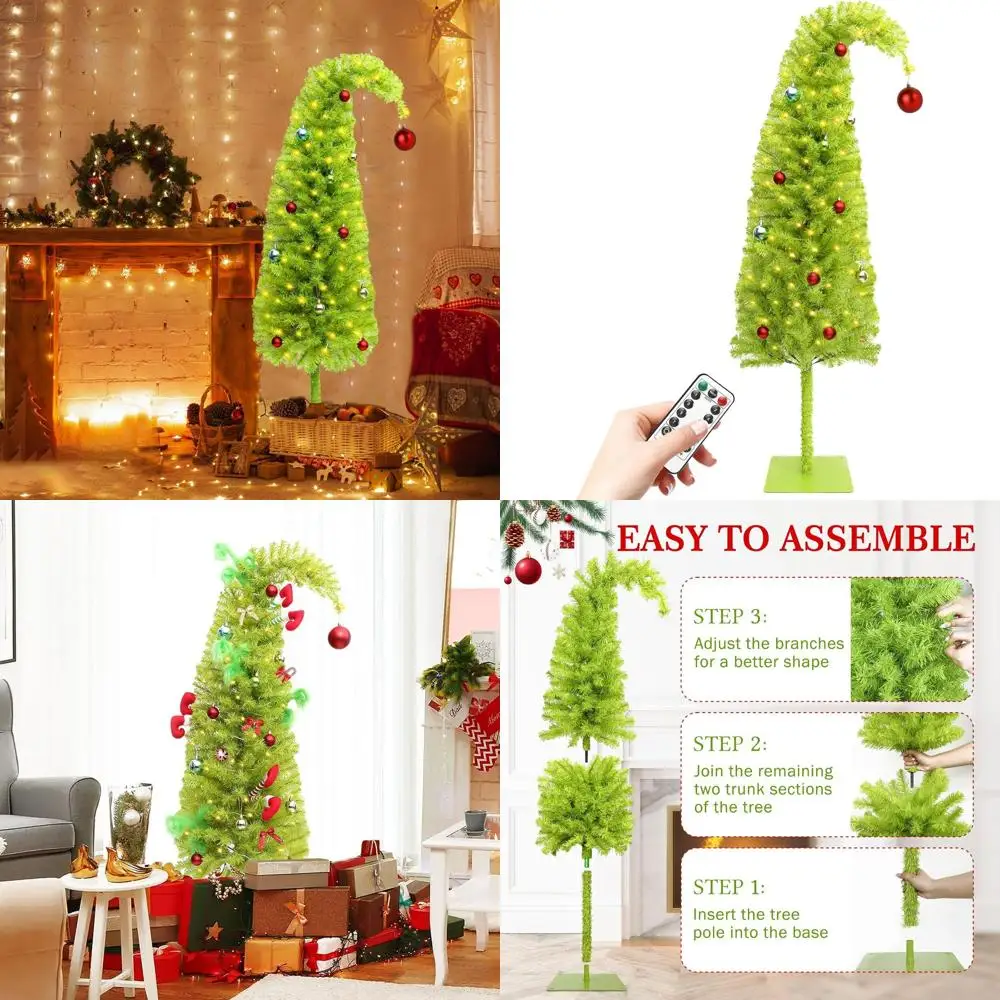 

Whimsical Lime Green Christmas Tree, 5FT, 150 LED Timer Lights, Balls, Ornament, Bendable Artificial Pencil Tree, Metal Base, Ho