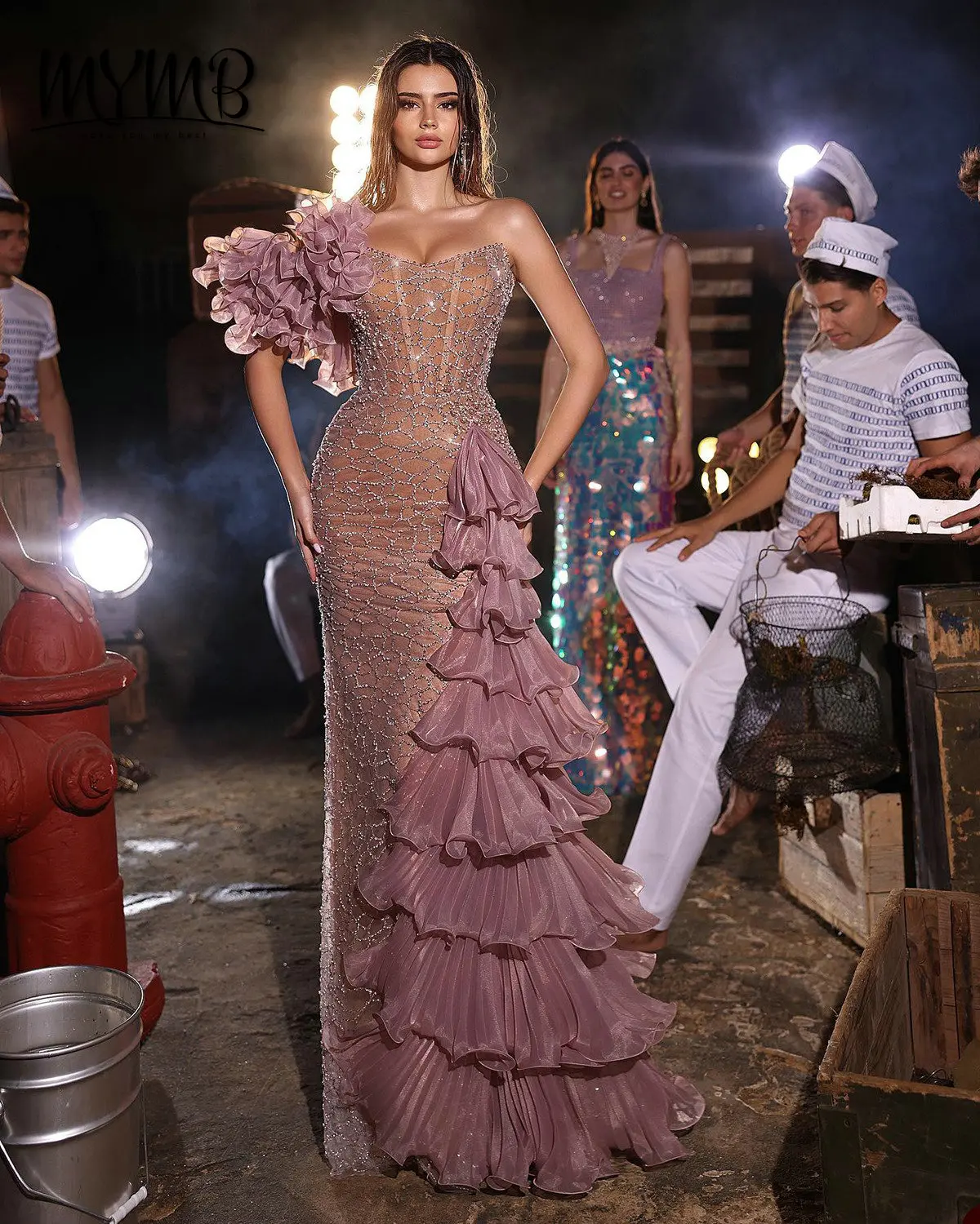 MYMB Luxury Pink Mermaid Evening Dresses Sparkling Sequin Beaded Ruffles Tiered Pageant Prom Gown Spaghetti Strap Formal MB40223