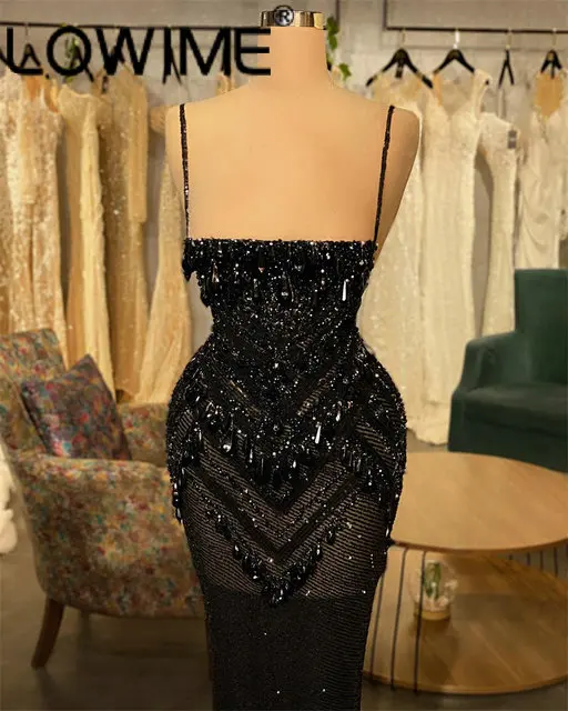 Sexy Black Long Evening Dresses 2023 Sparkly Sequins Crystal Wedding Party Dress Glitter Formal Mermaid Gowns Vestidos De Gala