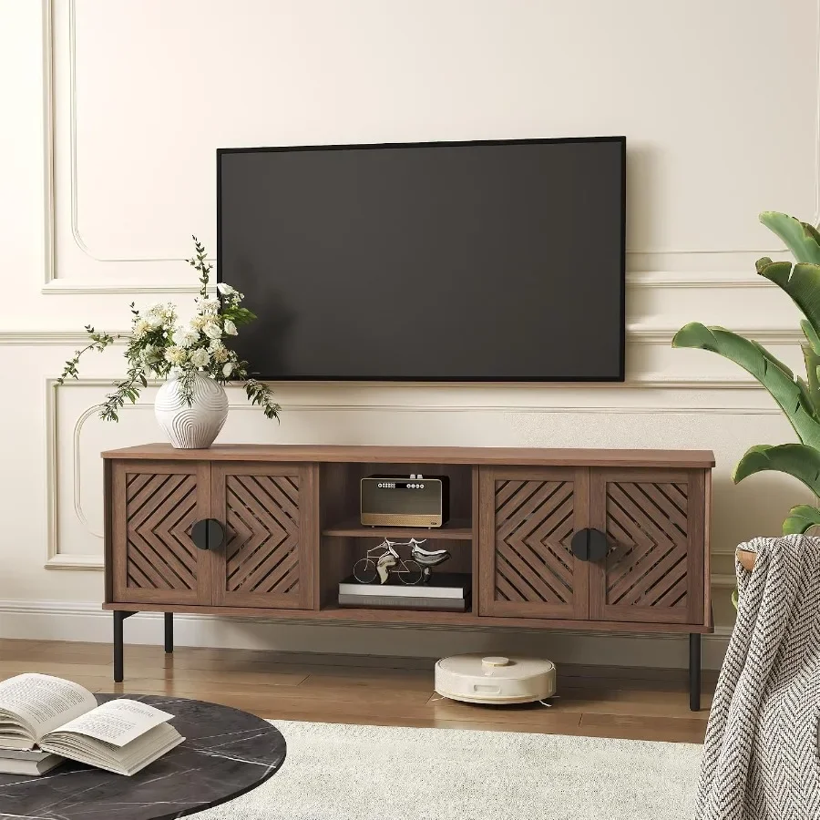 63 TV Stand for Living Room, Engineered Wood Entertainment Center with Storage Shelves, Brown Finish, Modern Style and Sturdy C view 6
