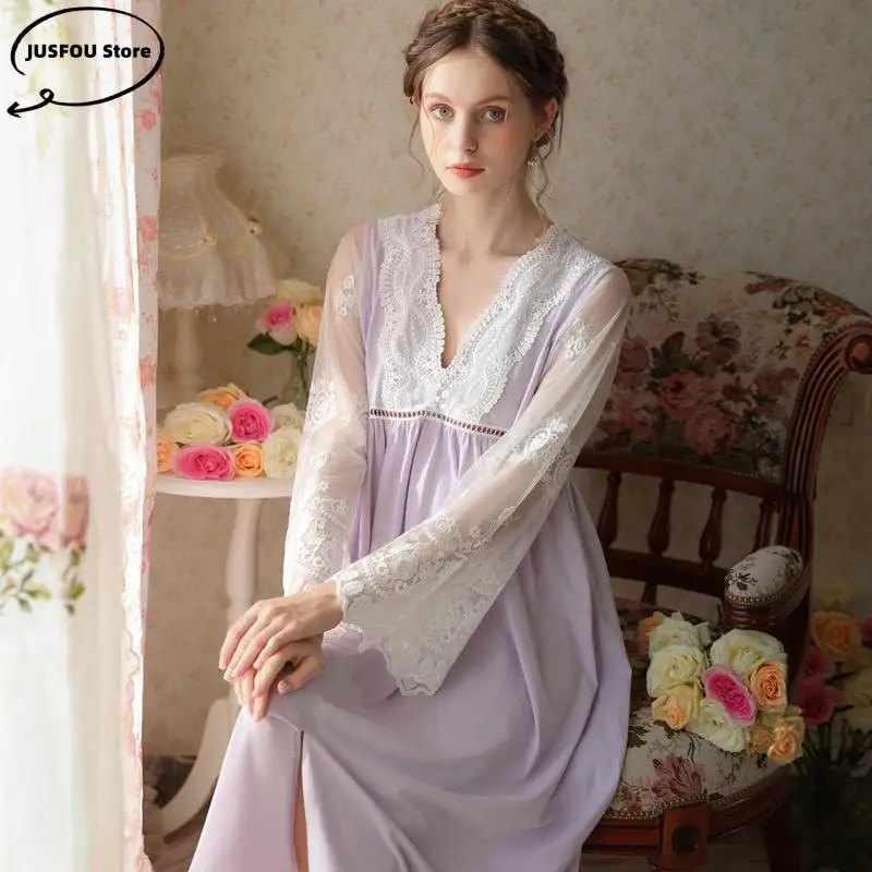 Spring Autumn Lace Sleeve Nightdress Bride\'s Elegant Morning Gown Sleepwear Luxury Elegant Home Dress Cotton Sweet Nightgown