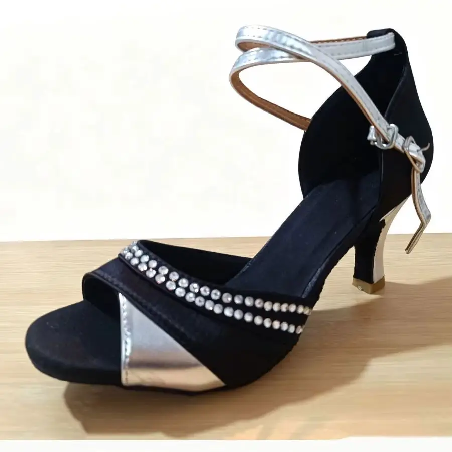 Comfort Fit Women's Latin Dance Shoes Black Silver Satin Rhinestones Performance Ballroom Shoes Professional Ballroom 7cm Heels
