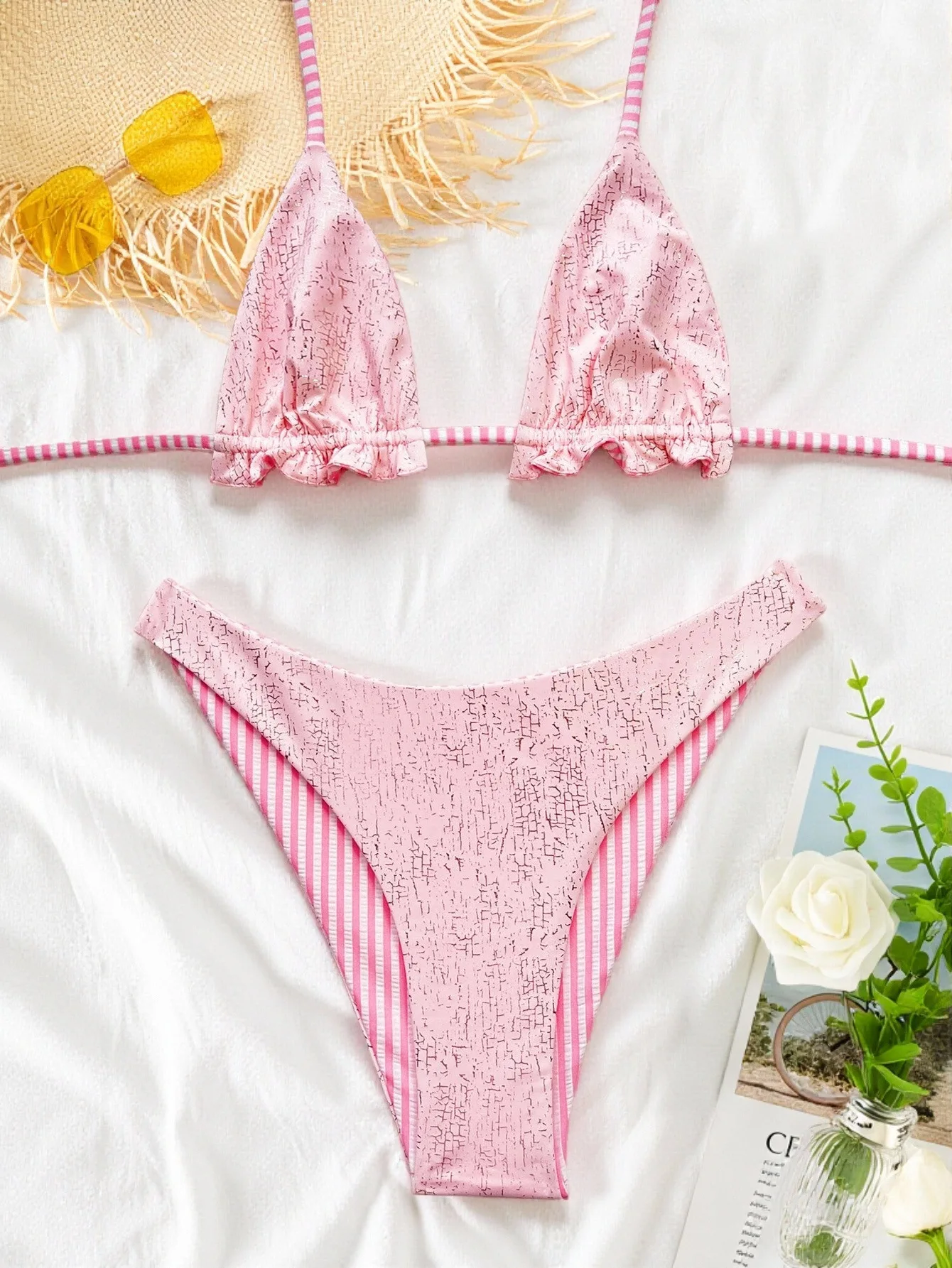 

Sexy Pink Striped Micro Bikini 2026 Women Ruffles Push Up Bra Two Piece Swimwear Beach Bathing Suit Holiday High Waist Swimsuit