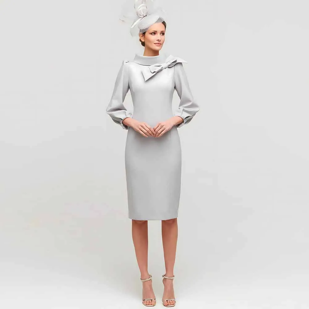 

Vintage Wedding Guest Woman Dresses Satin Sheath/Column Cocktail Party Dress Silvery High Collar Bow Mother of the Bride Dresses