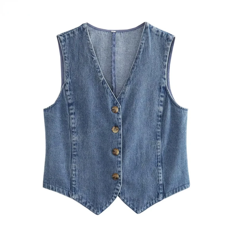 

New Single-breasted Sleeveless Denim Vest 2024 Spring Summer Blue V-neck Cardigan Ladies Vestes Fashion Casual Waistcoat Women