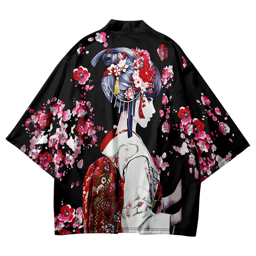 

Japanese Style Sakura Flower Geisha Print Kimono Cardigan Cosplay Shirt Blouse for Women Men Yukata Beach Haori Traditional Top