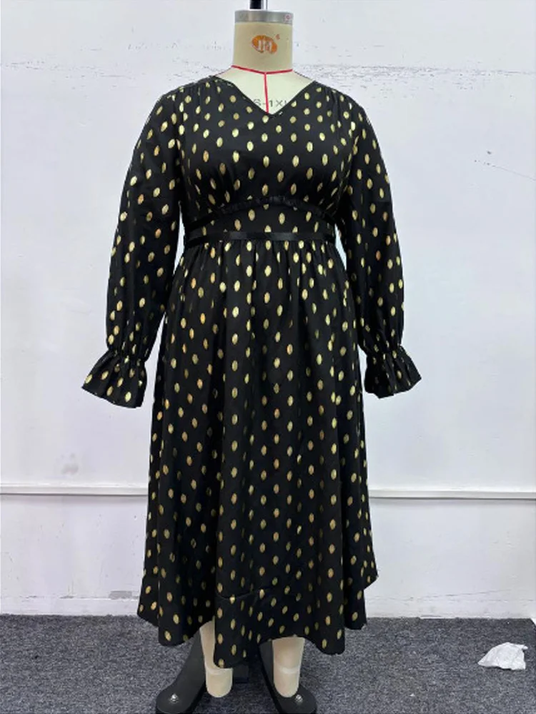 GIBSIE Plus Size High Waist Polka Dot Long Dress Women 2024 Autumn New V-neck Long Sleeve Black Elegant A-Line Dresses Female