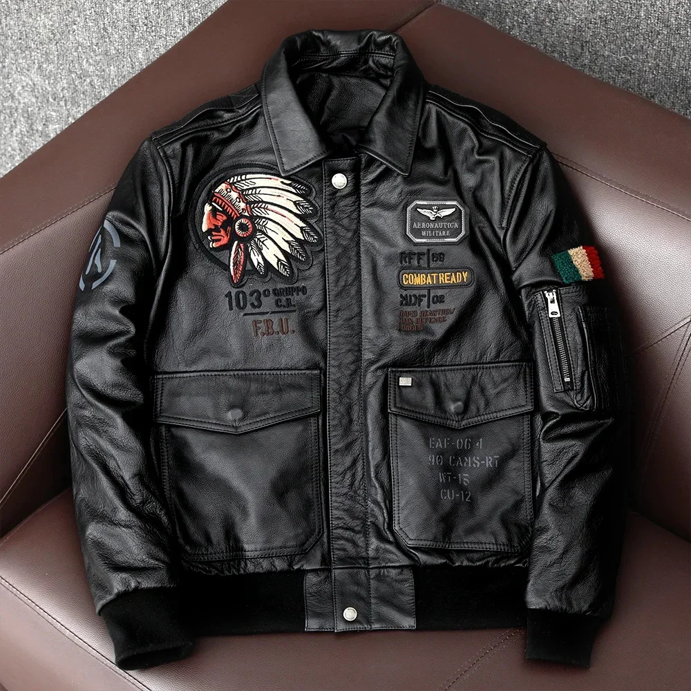 2025 Bomber Spring Men's Genuine Leather Jackets Indian Embroidery Cowhide Air Force 1 Jacket Motorcycle 100% Coat Male