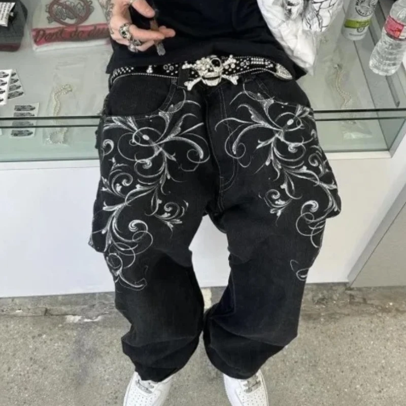 Y2K men's retro embroidered jeans, fashionable street style, unique pattern, casual loose trousers to create a trendy outfit