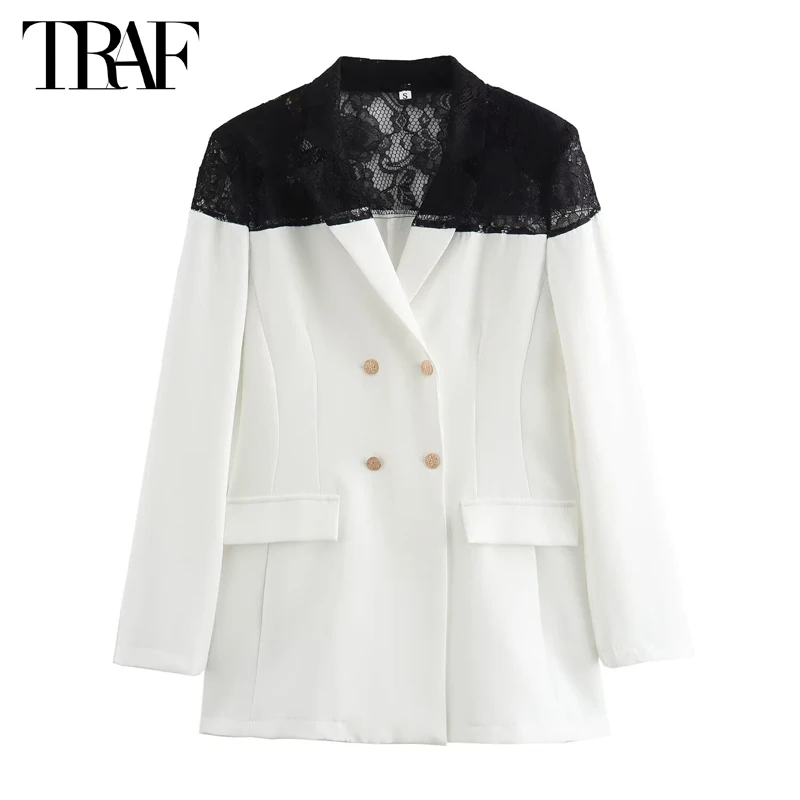 

TRAF 2024 Lace White Blazer Women Double Breasted Blazer Woman Long Sleeve Office Blazers for Women Streetwear Outerwear Jackets