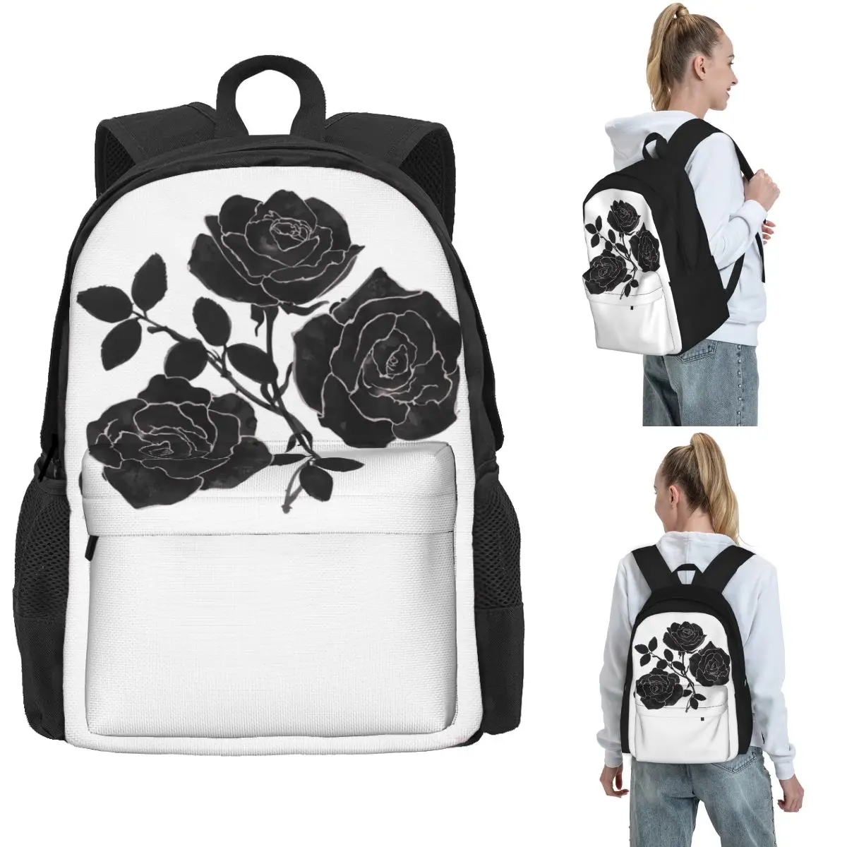

Black Roses Watercolor Backpack Hot Sale Daypack Large Capacity Kids BookBag School Bag Shoulder Bags for Men Women