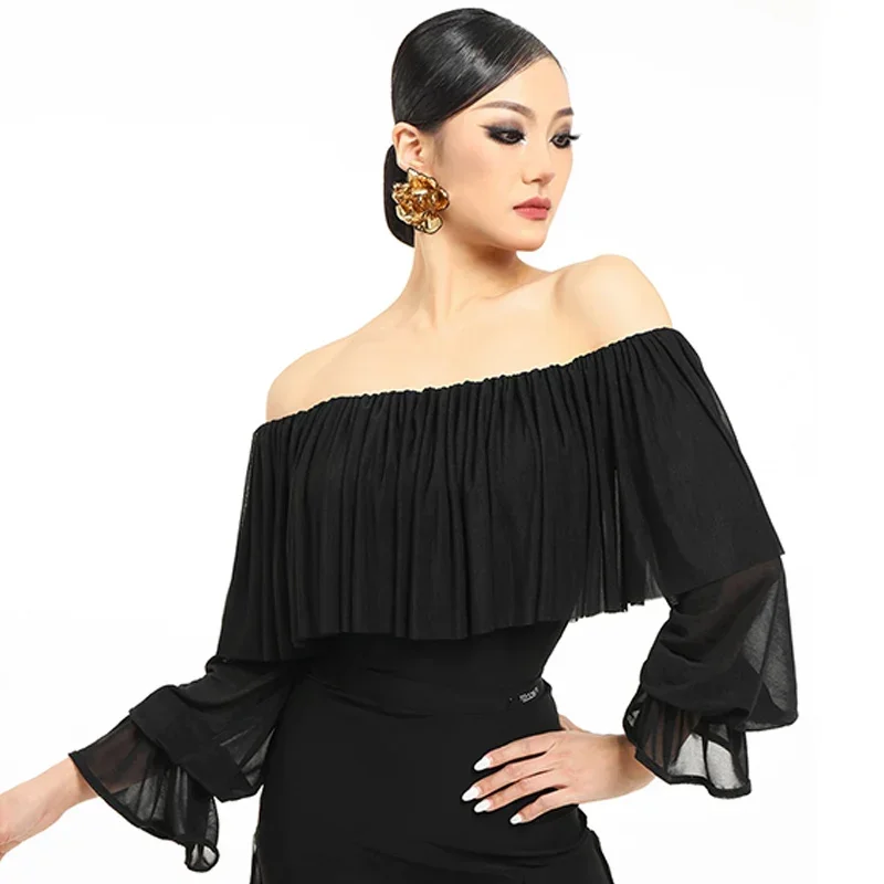 Off Shoulder Ballroom Dance Tops Black Ruffled Leotards Adult Women Waltz Dance Clothes Performance Costume Latin Tops DNV21835