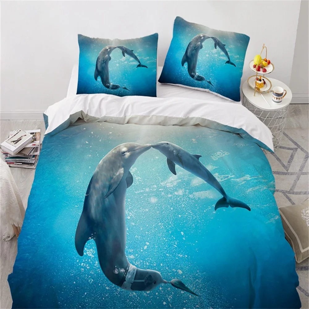 Fashion 3D Bedding Sets Sea Dolphin Blue Duvet Cover Set Cute Duvet Cover Pillowcase Luxury Home Texitle Queen Full Size 140x200