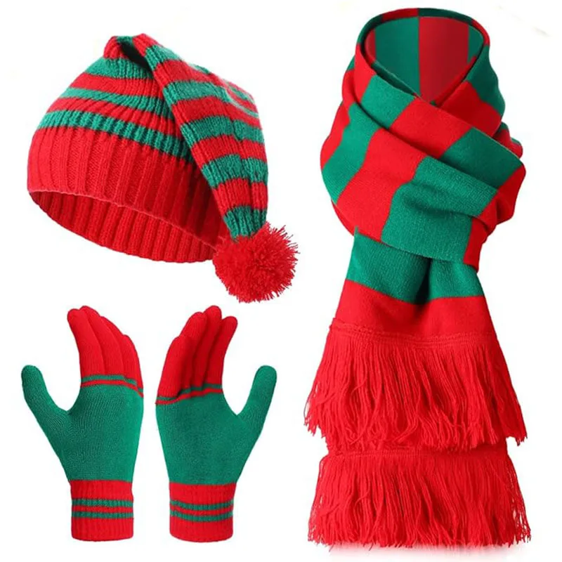 3-częściowy świąteczny zestaw: dziergany szalik, czapka i rękawiczki, zimowy kostium Świętego Mikołaja, czapka beanie, świąteczny szalik i rękawiczki, prezent świąteczny dla kobiet i mężczyzn