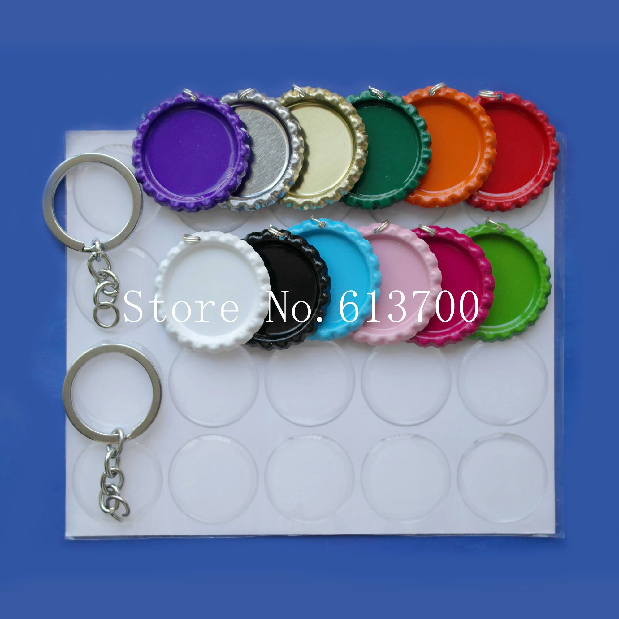 Mixed Order 600 pcs/lot : 300 Pcs Both Side Colored Flattened Bottle caps Flat bottlecaps+300 pcs Key Chains For Jewelry Craft