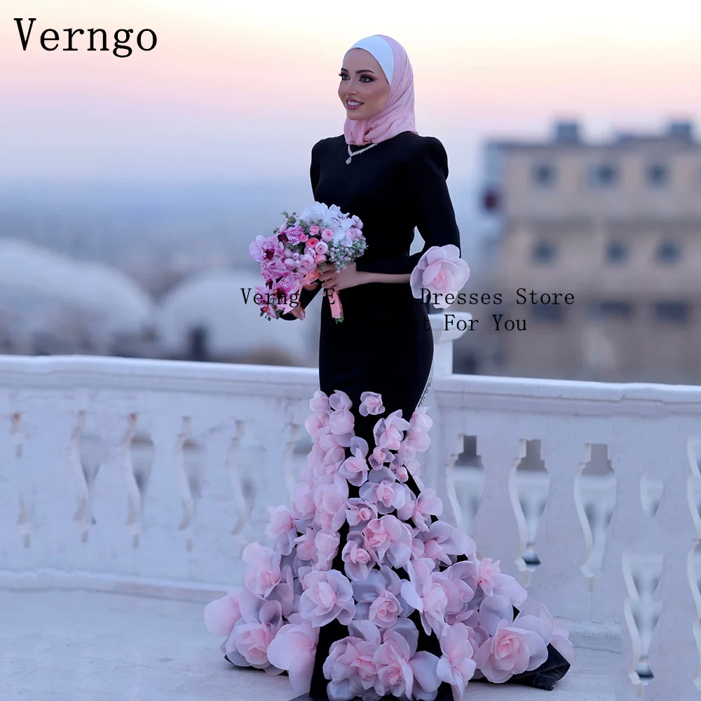 

Verngo Black Crepe Evening Dress 3D Flowers Mermaid Elegant Prom Party Dresses Muslim Modest Prom Gown Customized