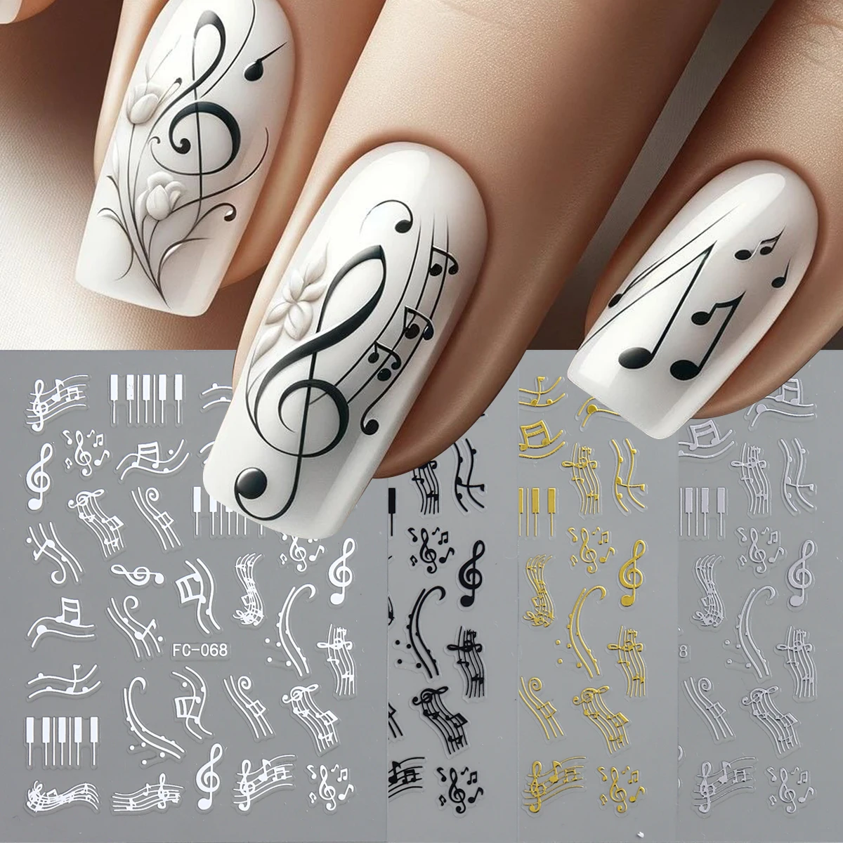 Music Note Nail Stickers Black White Treble Clef & Piano Keys Self Adhesive Nail Decal, Easy Apply For Nail Salon & Home Use