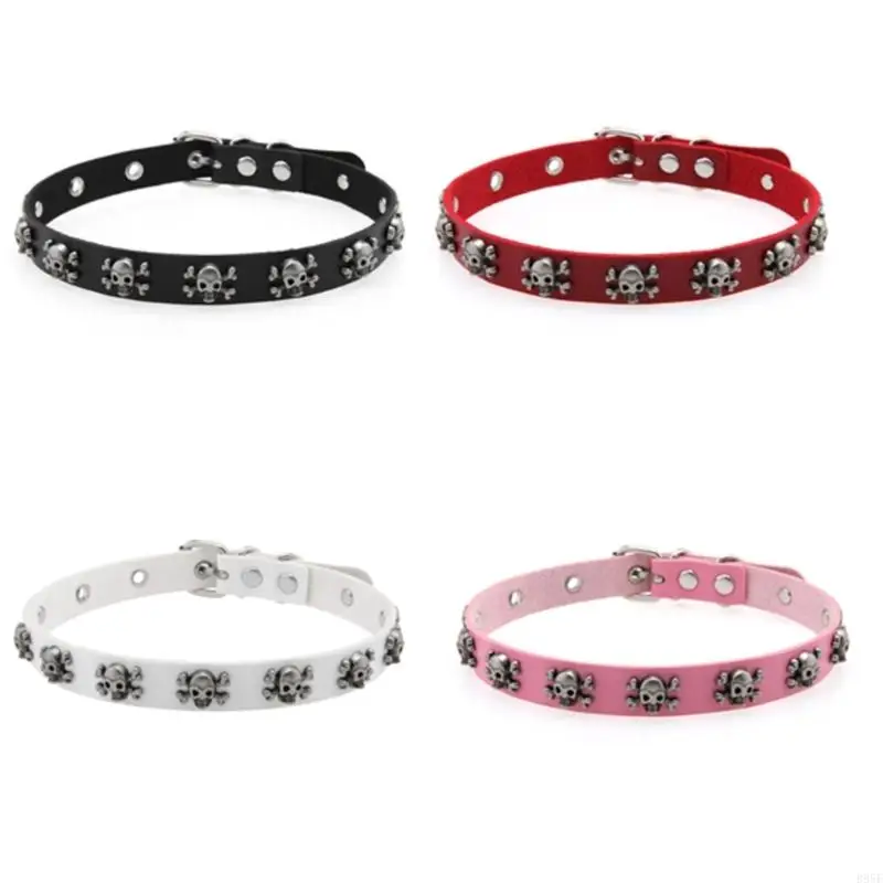 

B95F Black PU Leather Punk Collar Necklace Skull Edgy Skull Charm For Festival Wear